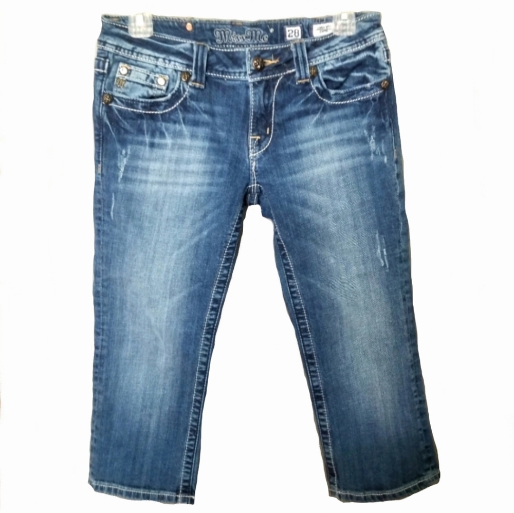 Miss Me 28 Distressed Capris Embroidered Blue Capri Jeans - Picture 3 of 15